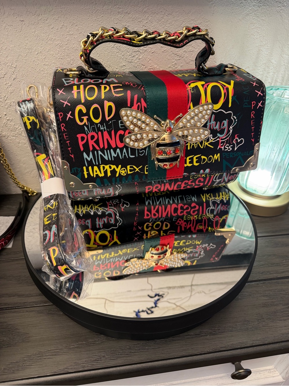 New Black Graphic Bee-Embellished Top-Handle Bag - Picture 4 of 4